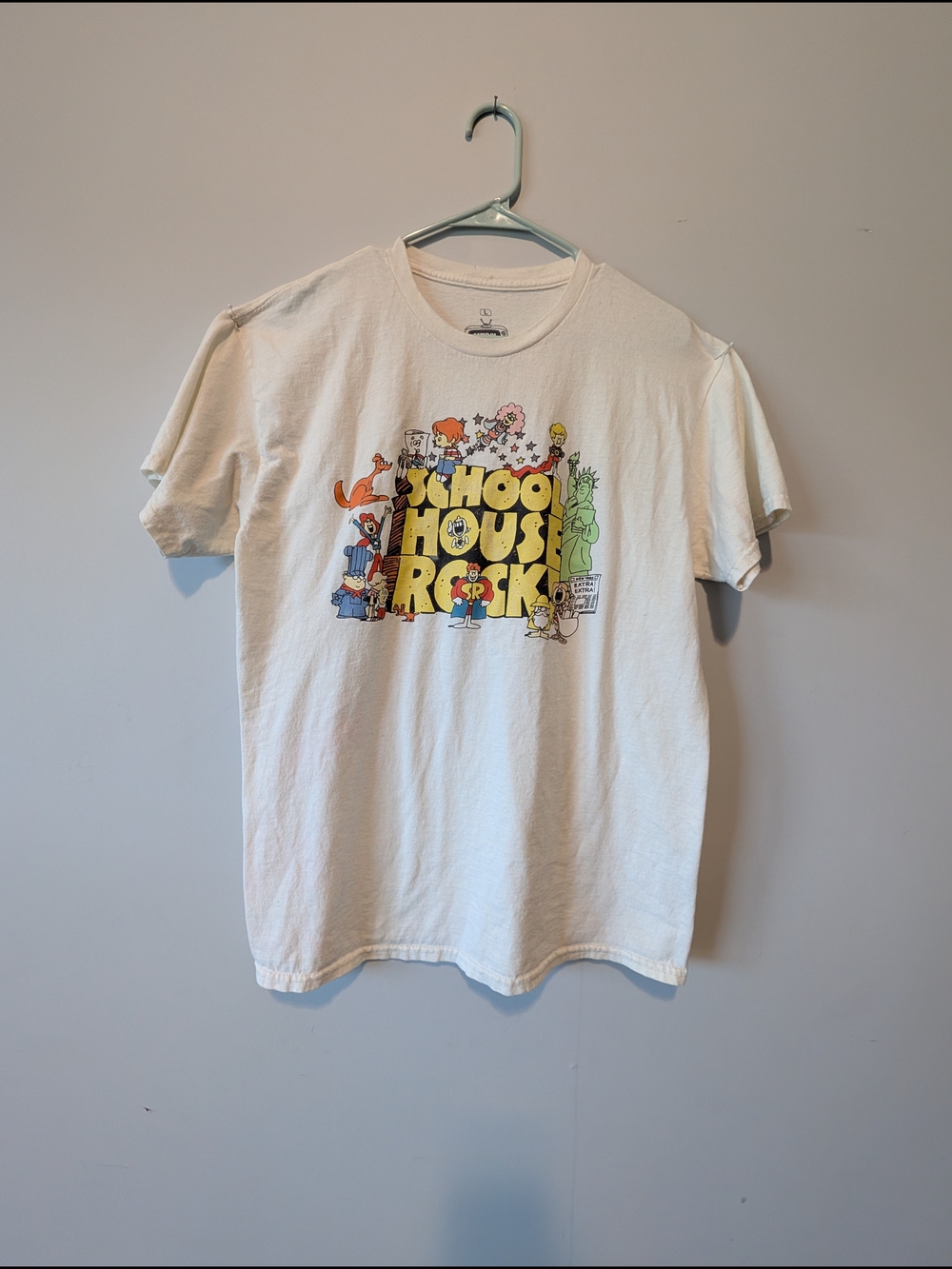 White Graphic Schoolhouse Rock Tee with Colorful Cartoon Design